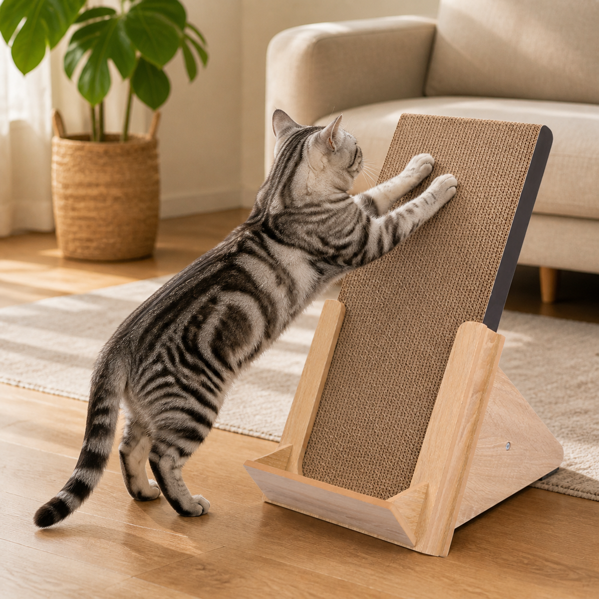 Cat reaching up the corrugated surface of the Basic Incline Cat Scratcher