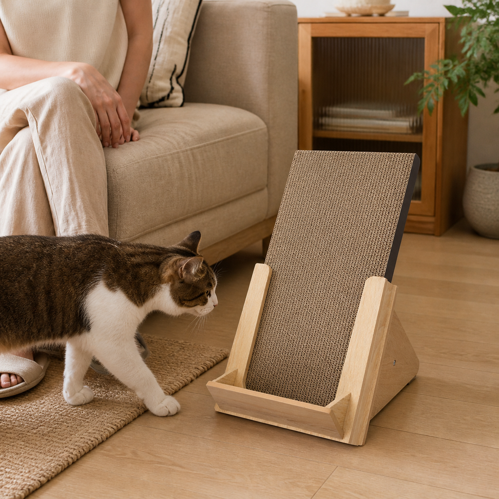 Person and cat sharing a quiet room with the Basic Incline Cat Scratcher