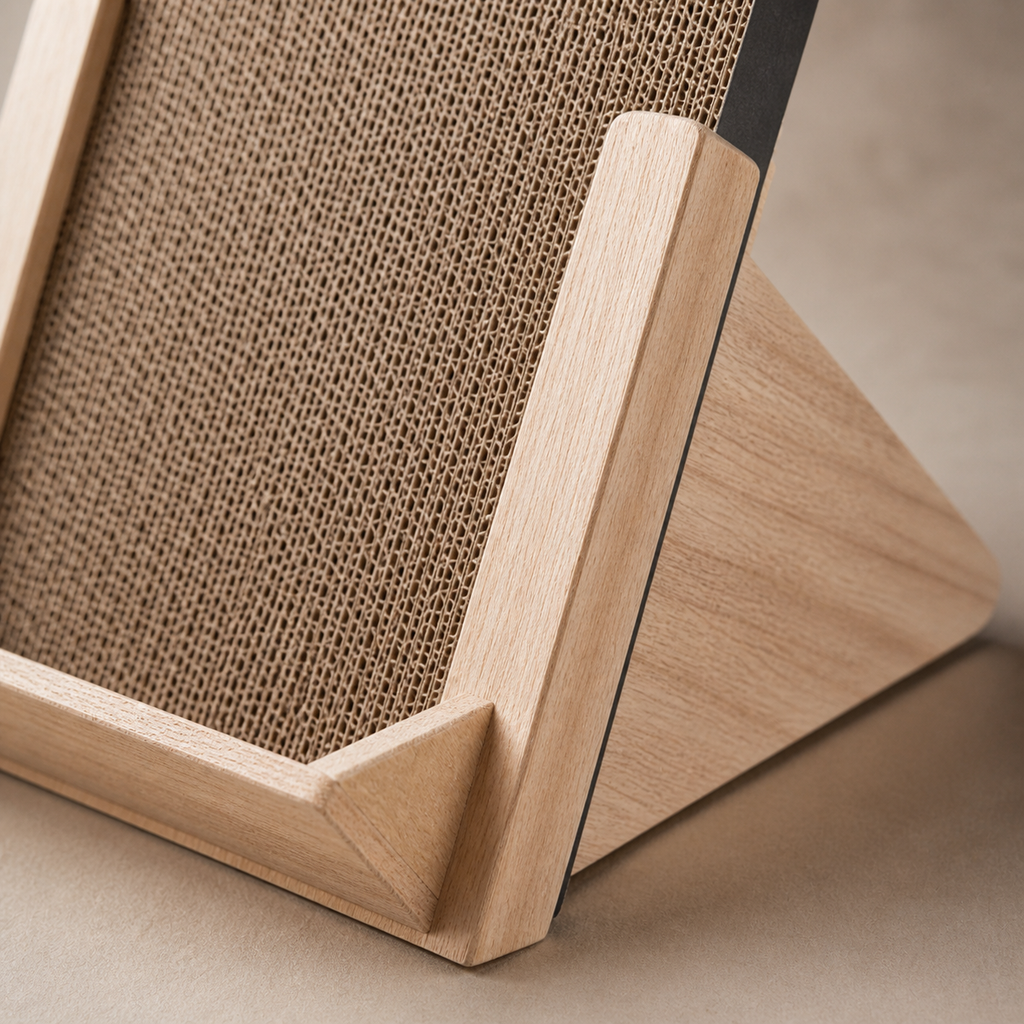 Close view of the corrugated scratch surface and light wood-toned frame