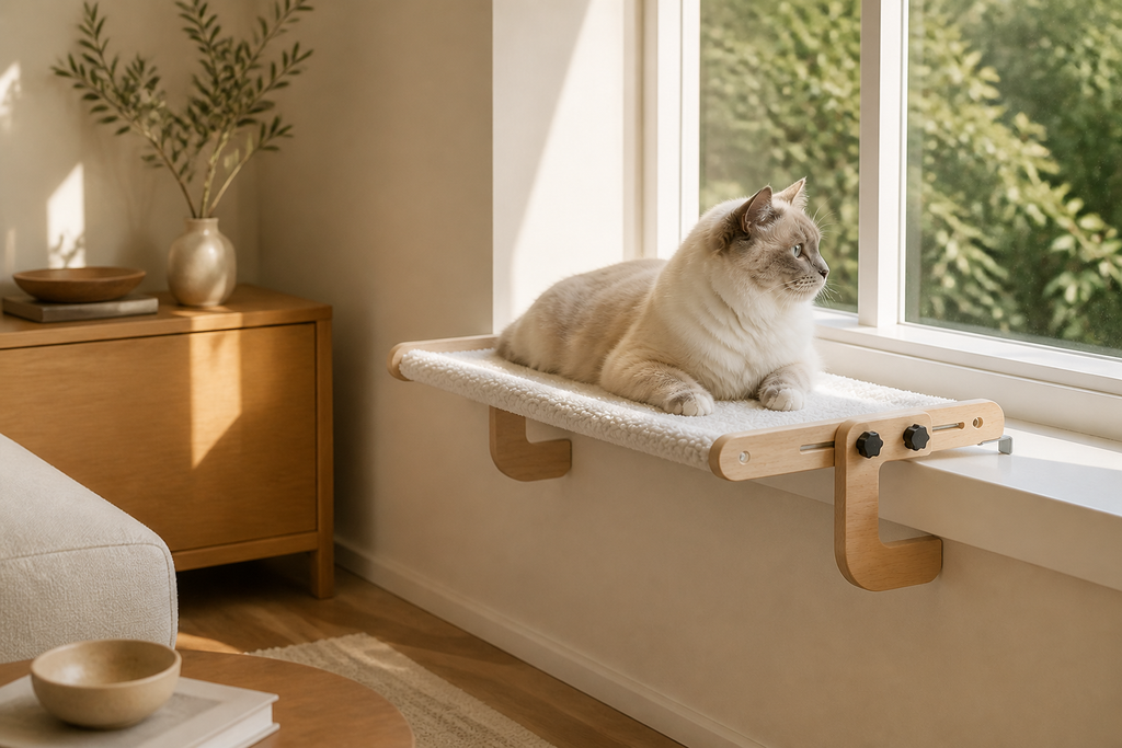 Clamp Window Cat Hammock placed in a warm modern living room