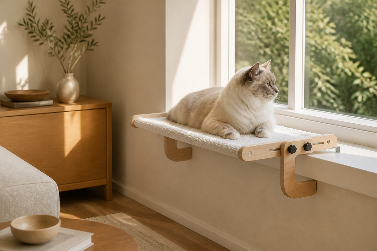 Clamp Window Cat Hammock placed in a warm modern living room