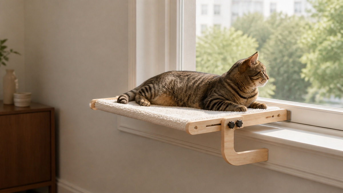 Tabby resting on the Clamp Window Cat Hammock beside a sunlit window