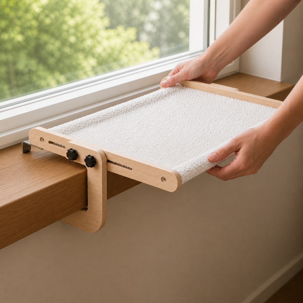 Hands positioning the Clamp Window Cat Hammock on a window ledge