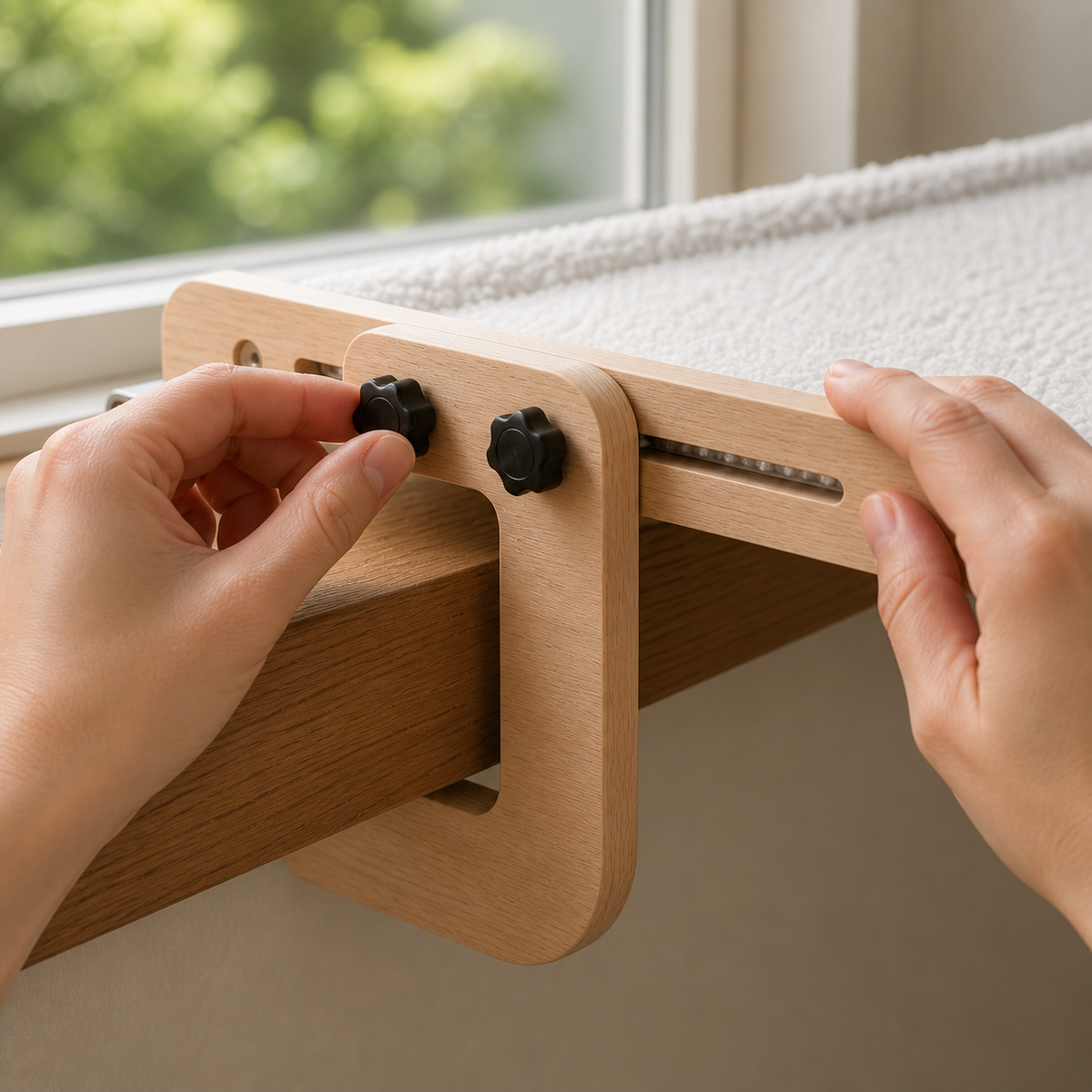 Close view of tightening the two black adjustment knobs