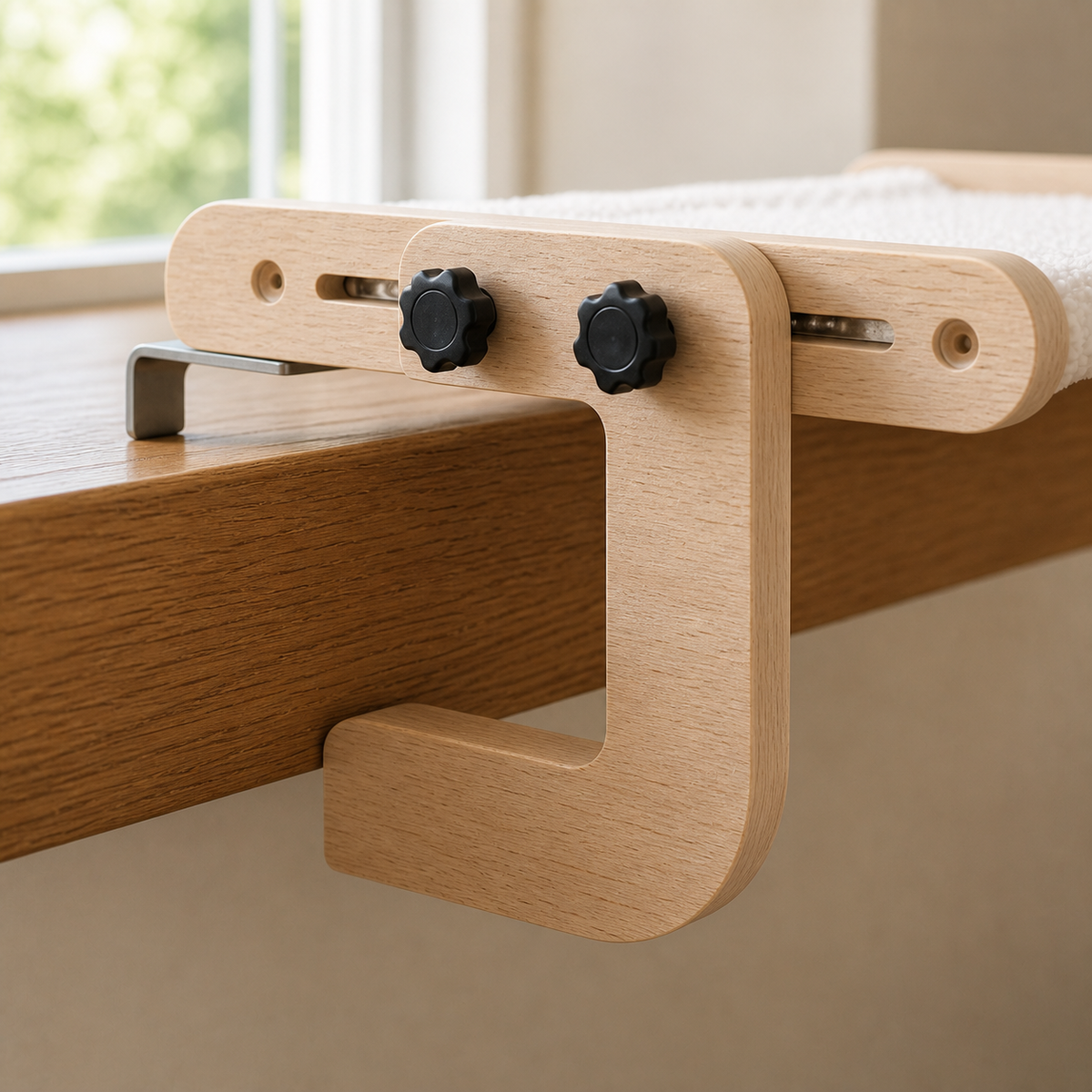 Adjustable clamp hardware with two knobs, slot and metal stop