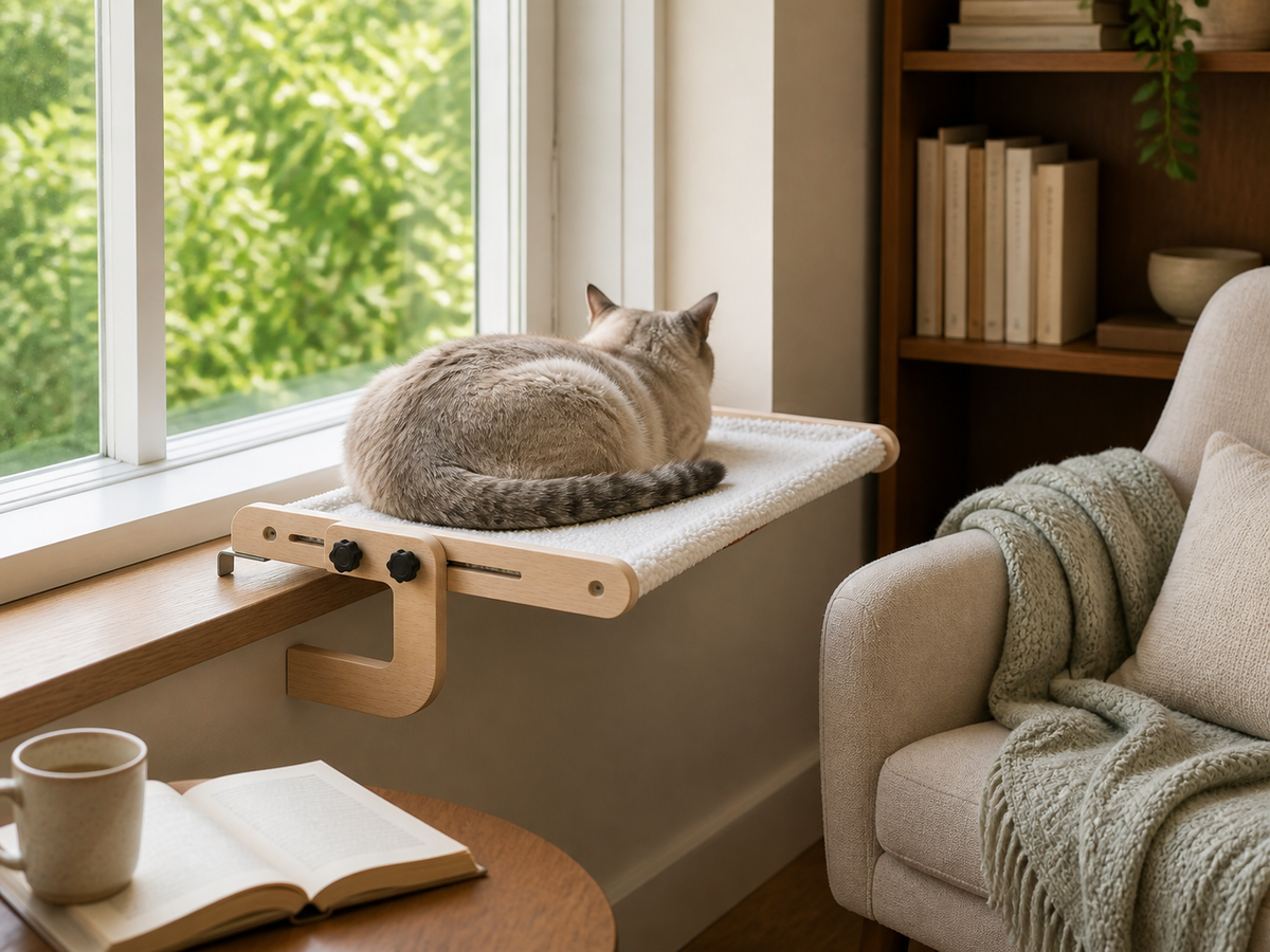 Cat resting on the Clamp Window Cat Hammock in a reading nook
