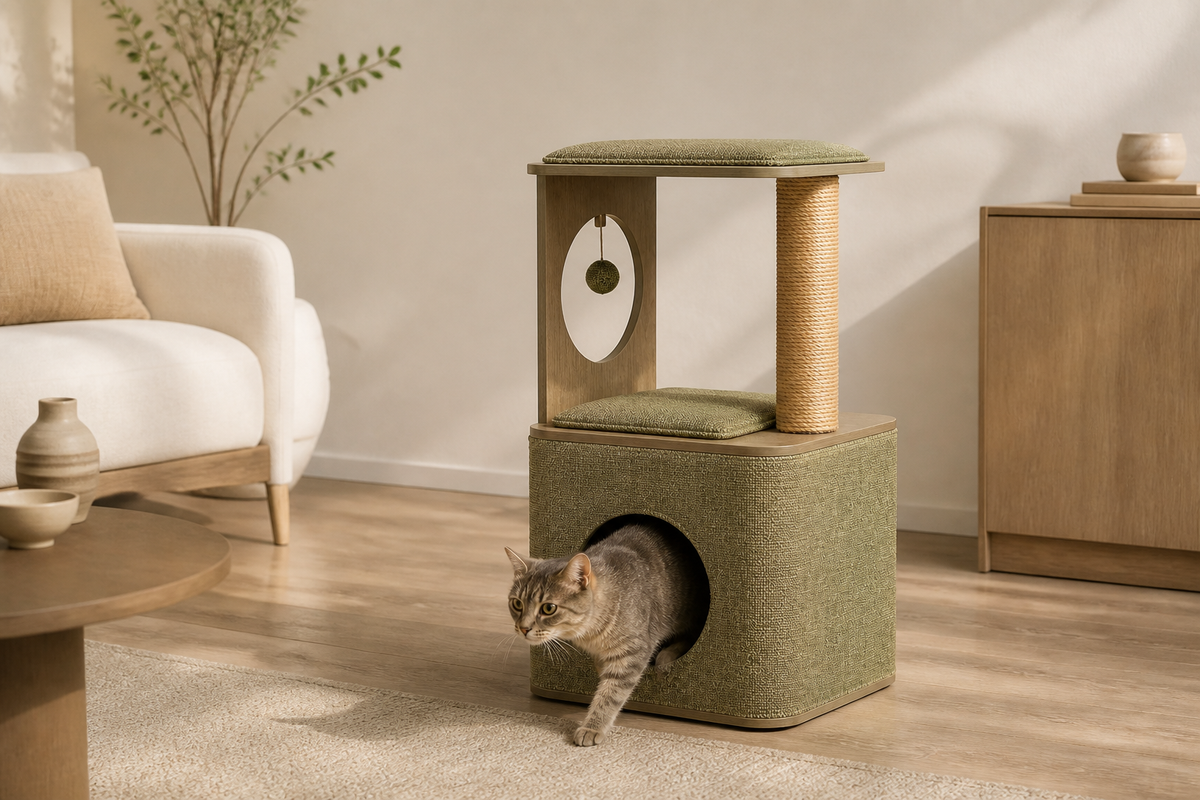 Cat moving between the covered hideaway and upper perch of the Cubox M3 Cat Condo