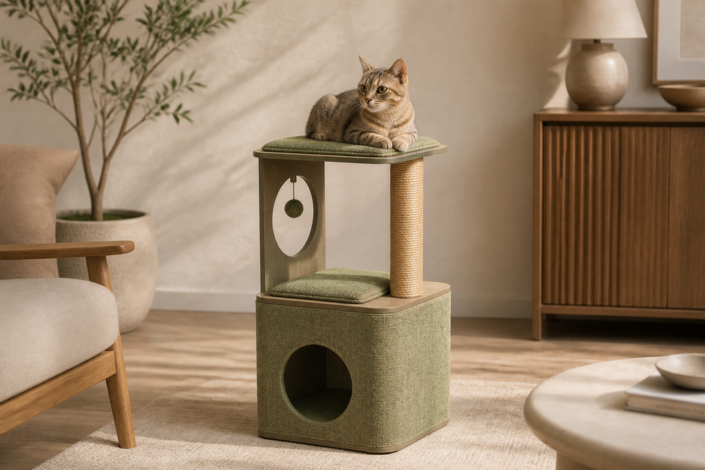 Cubox M3 Cat Condo placed in a warm modern living room