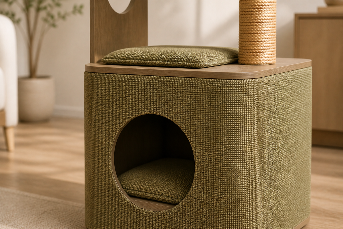 Close view of the fabric hideaway, sisal post, cushions, and furniture-like panels