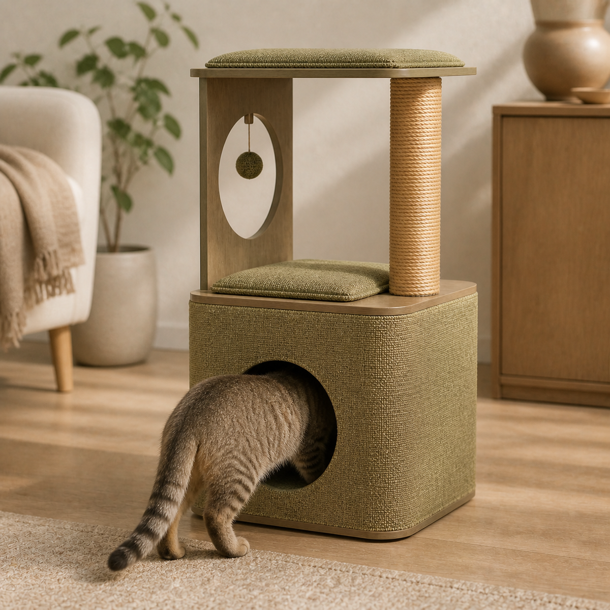 Cat entering the circular lower cave of the Cubox M3 Cat Condo