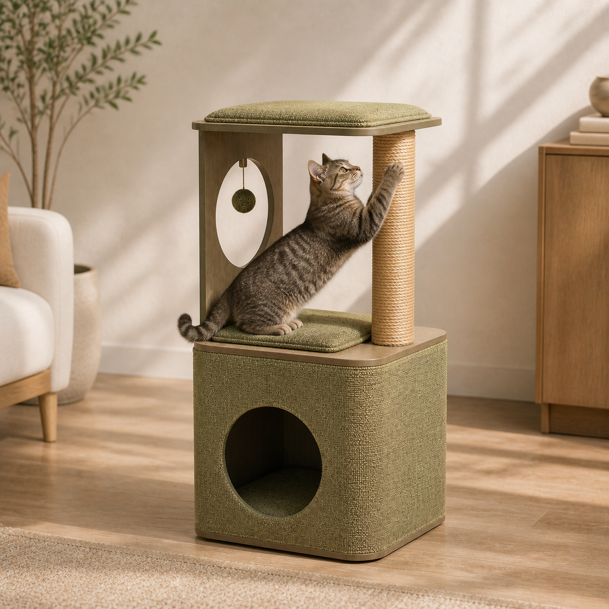 Tabby scratching the single sisal post from the middle lounge