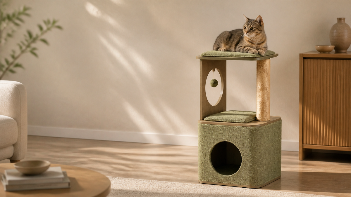 Tabby resting on the top cushion of the Vintage Green Cubox M3 Cat Condo
