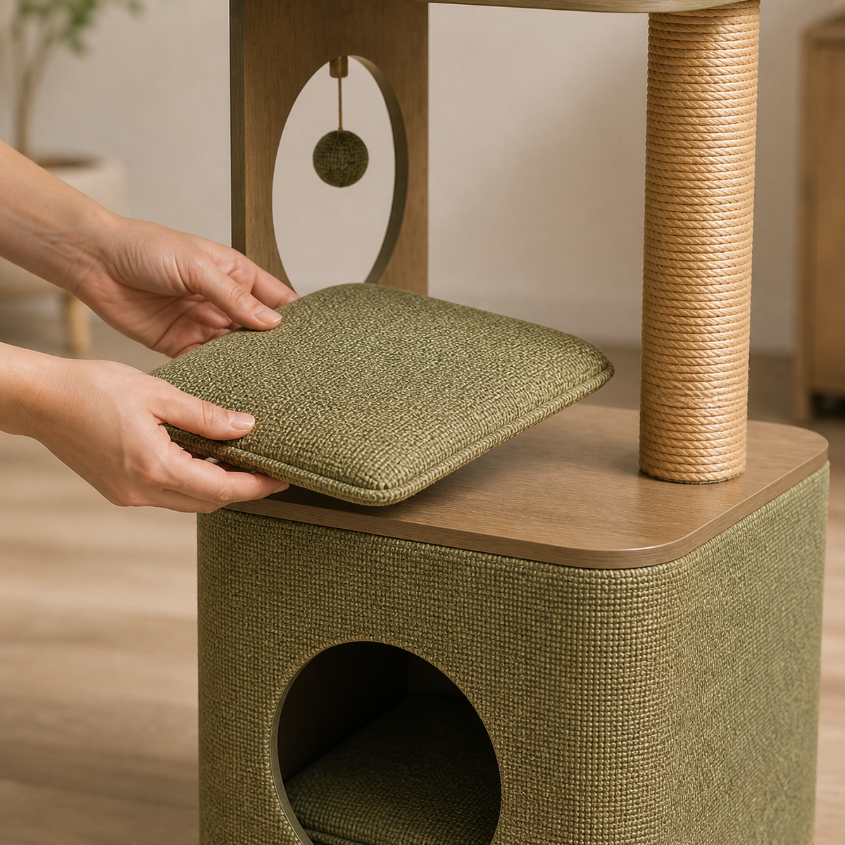 Hands lifting the removable padded middle cushion for cleaning