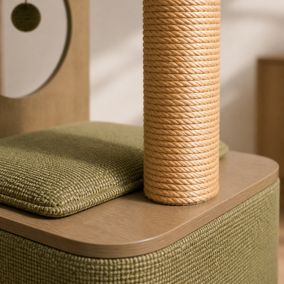 Close view of the tan sisal wrapped center post