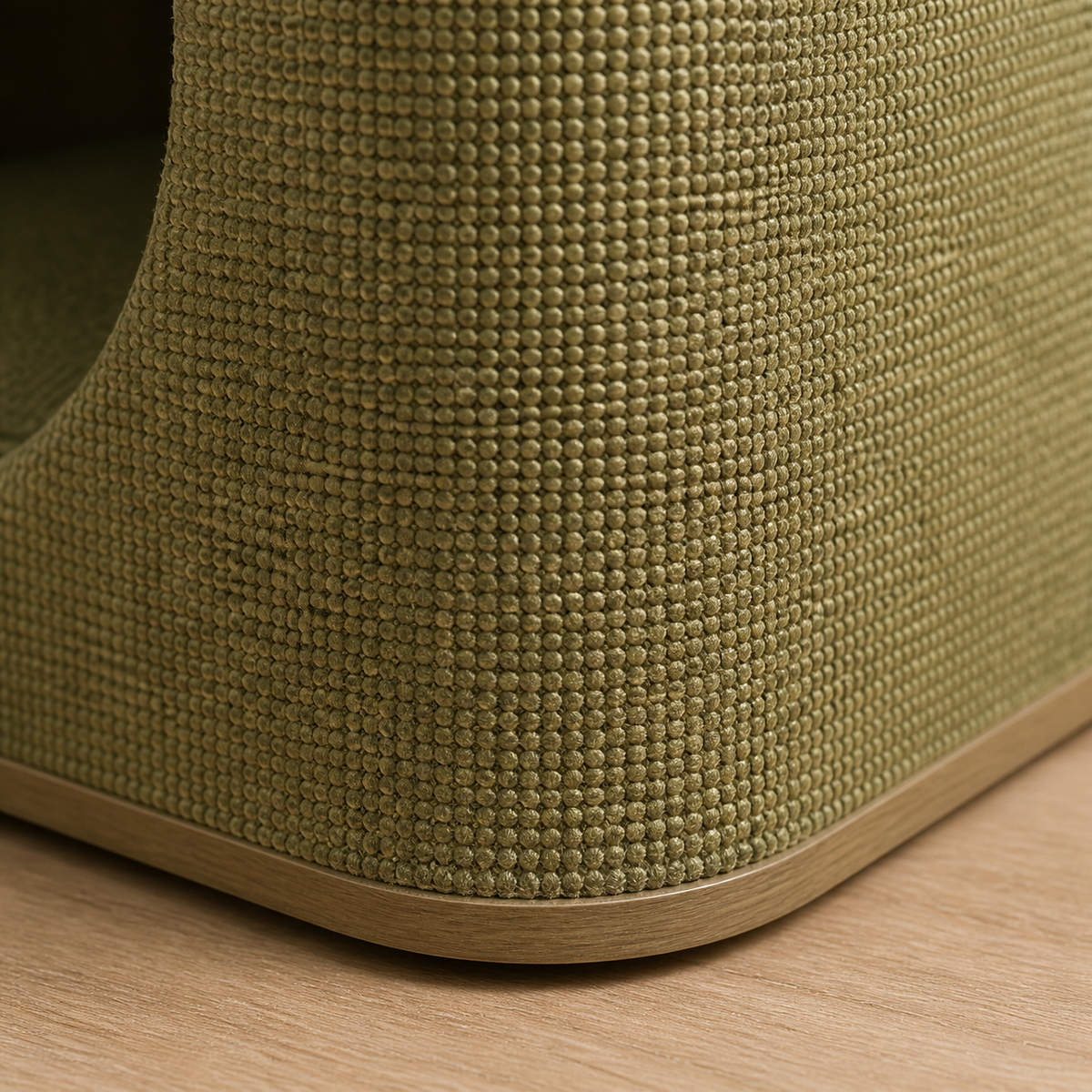 Macro detail of the Vintage Green woven upholstered cube cave