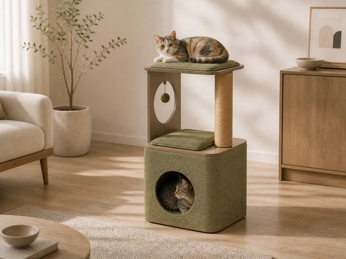 Two cats using separate levels of the compact Cubox M3 Cat Condo