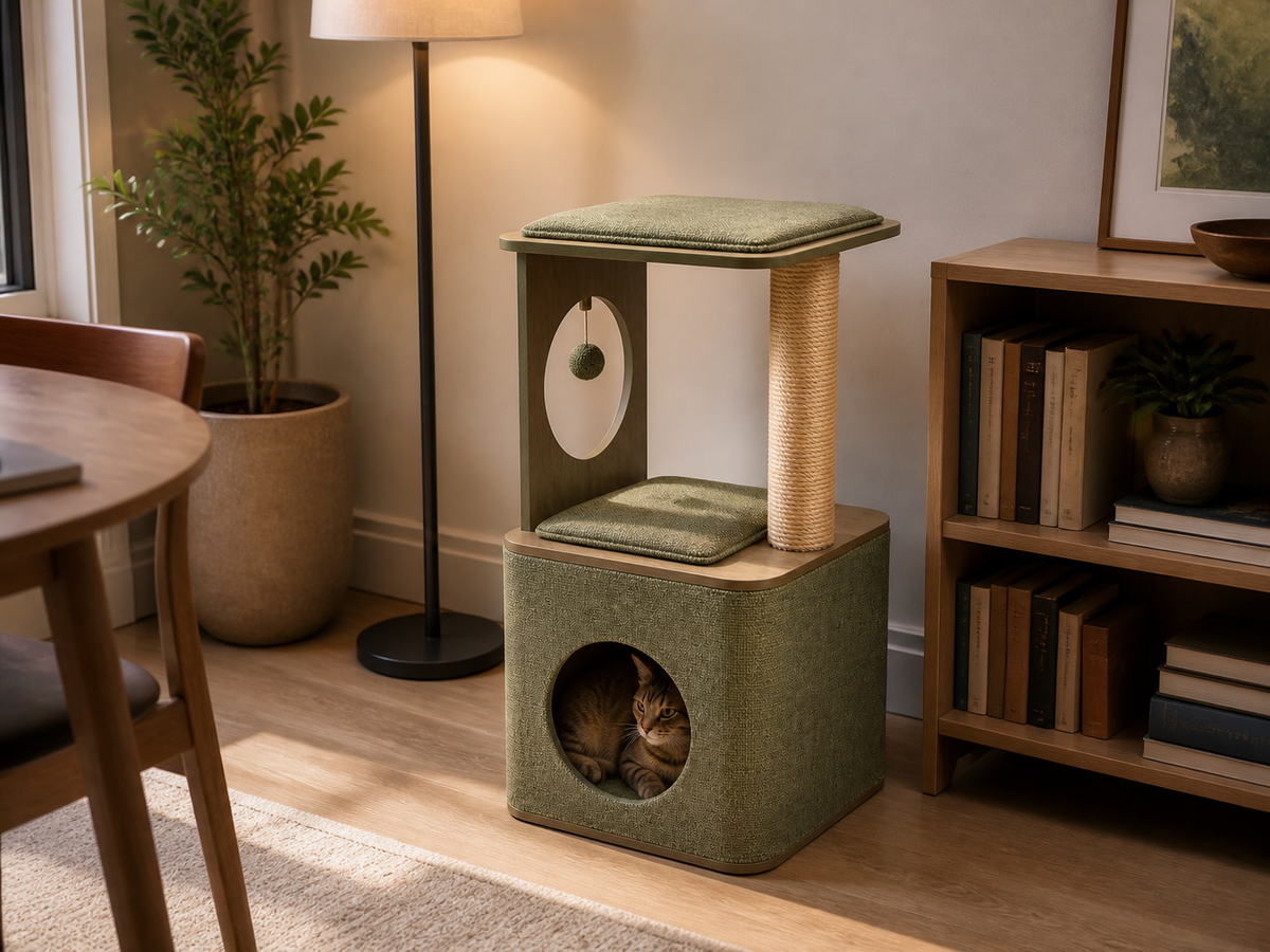 Vintage Green Cubox M3 Cat Condo in a compact reading corner
