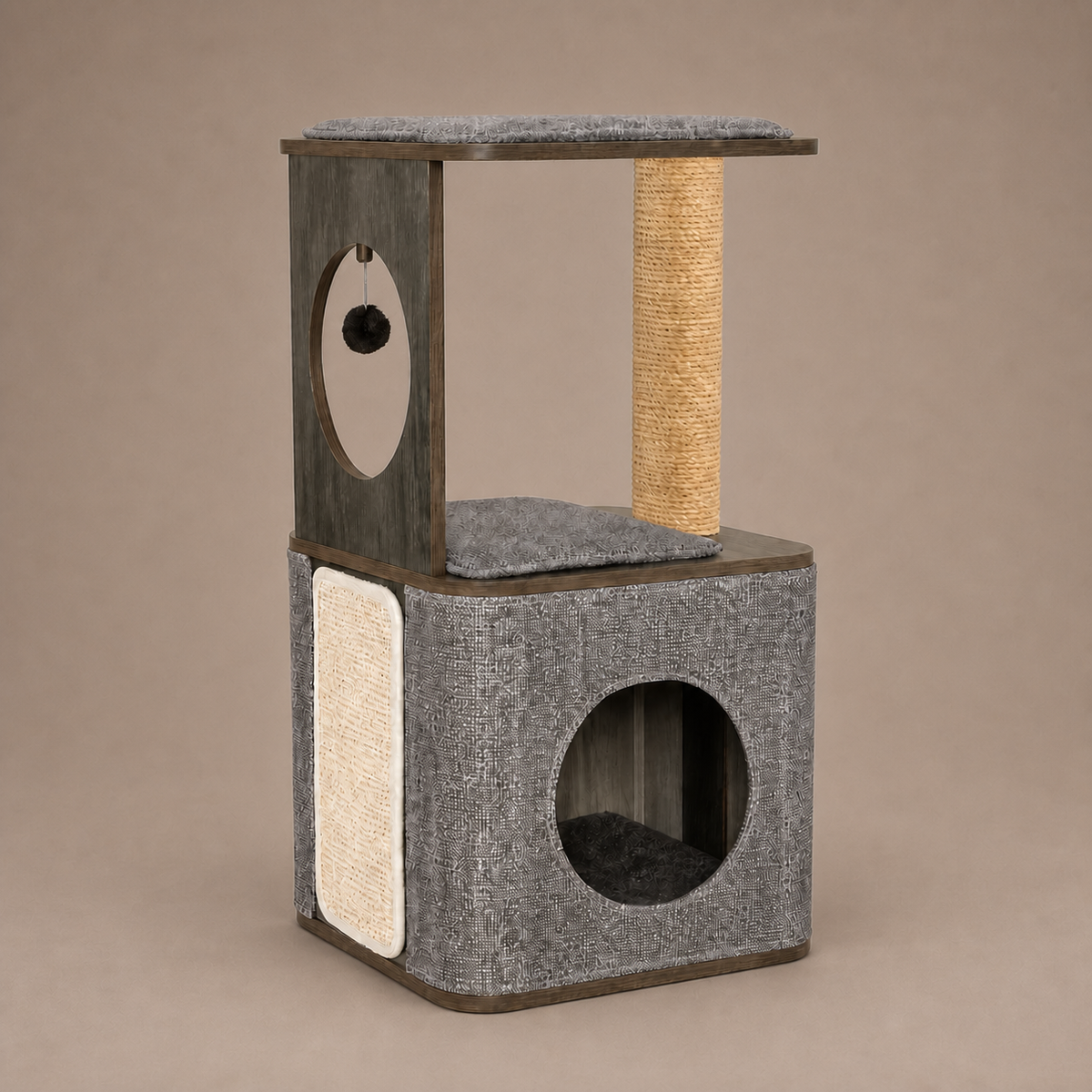 Cubox M3 Cat Condo on a neutral warm mushroom taupe studio background