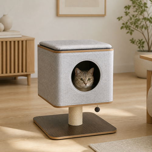 Elevated Cat Cabin styled for everyday use in a warm modern home