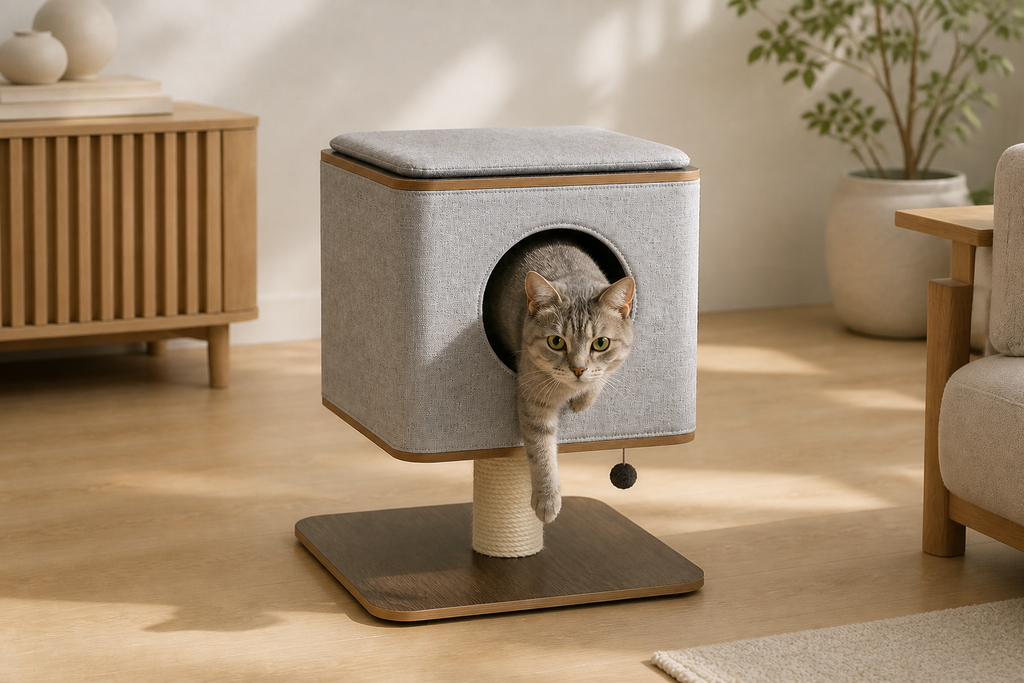 Cat settling inside the Elevated Cat Cabin above its sisal scratching post