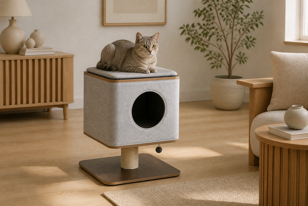 Elevated Cat Cabin placed in a warm modern living room