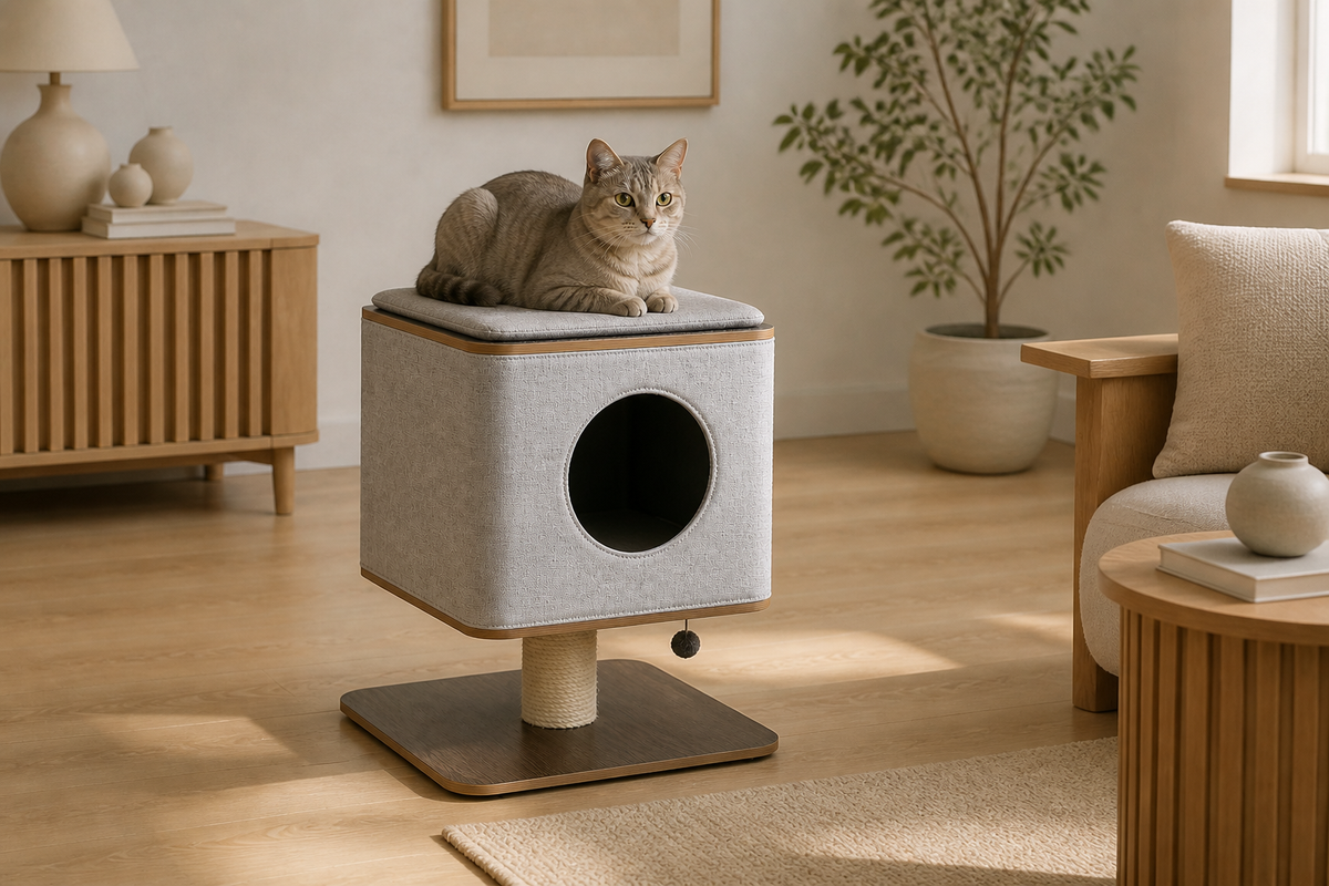 Elevated Cat Cabin placed in a warm modern living room