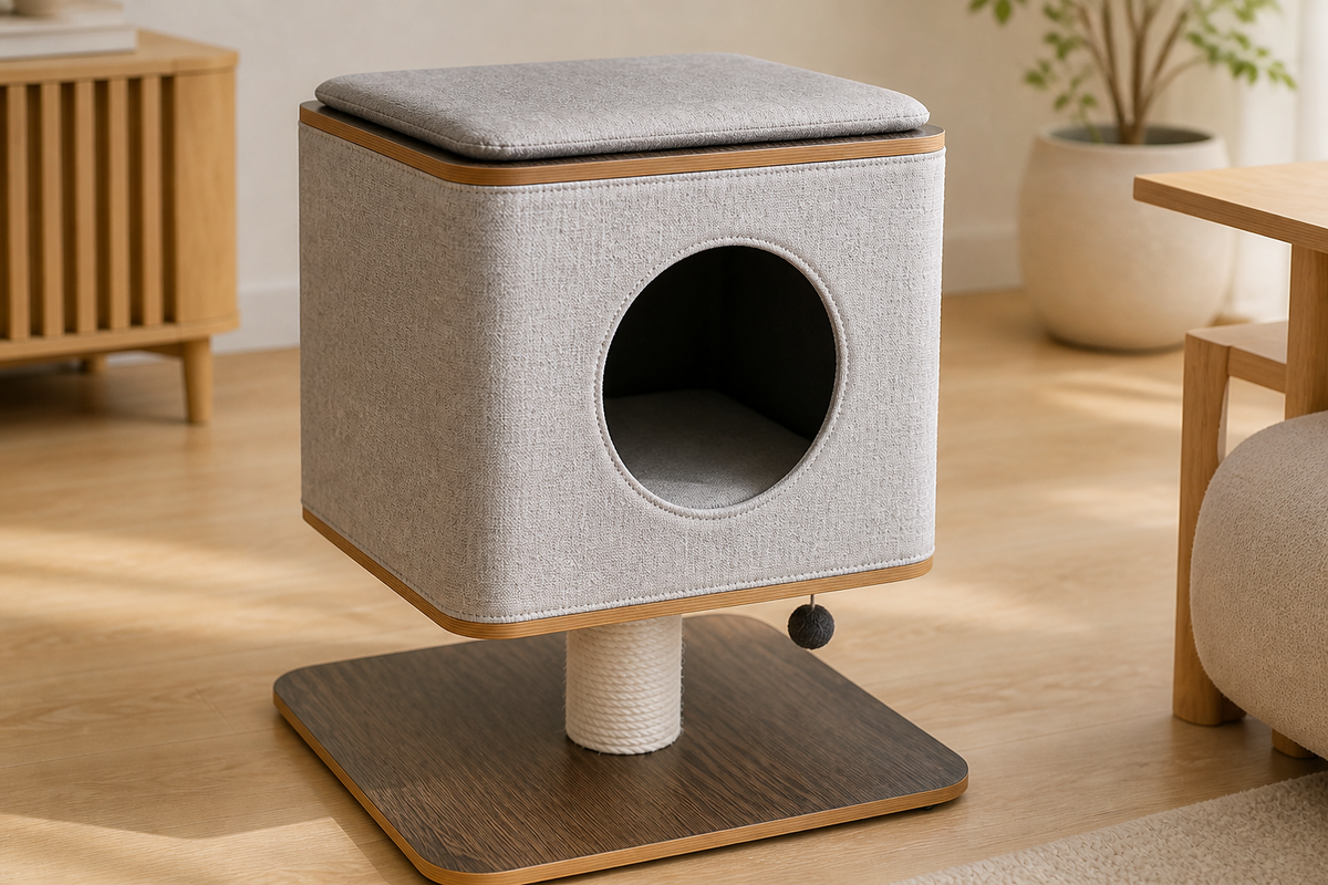 Close view of the upholstered cabin, sisal post, cushion, and wood base