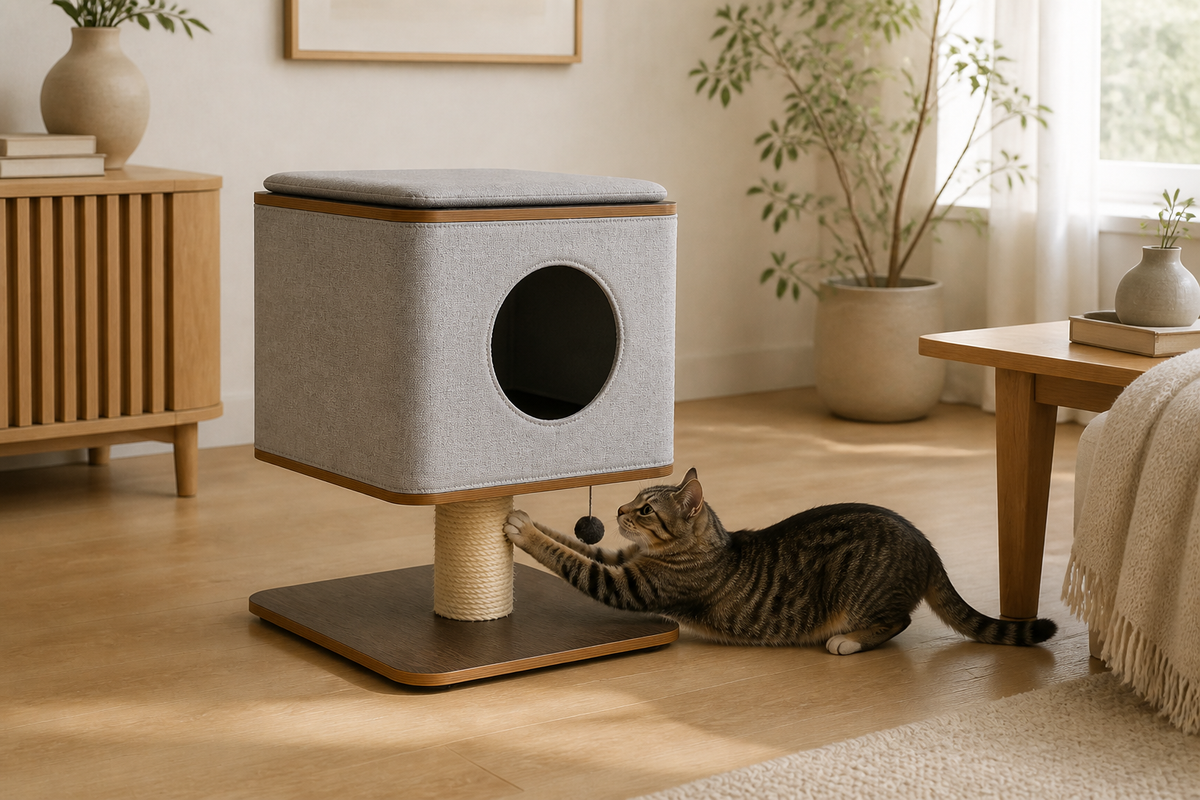 Cat settling inside the Elevated Cat Cabin above its sisal scratching post from a second room angle
