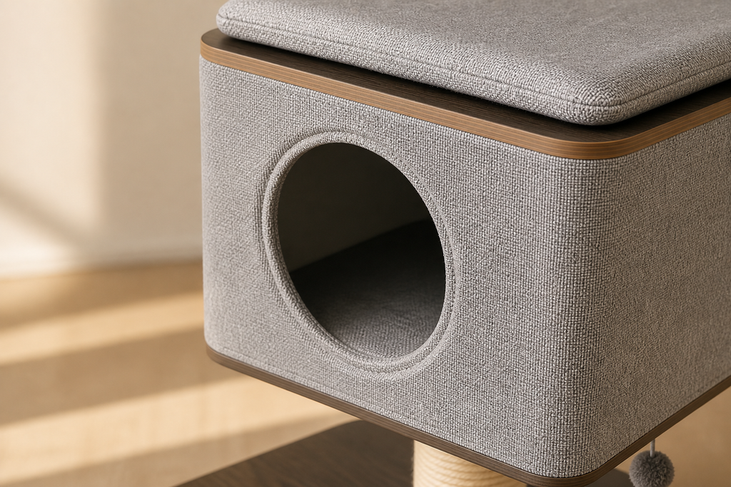 Close view of the upholstered cabin, sisal post, cushion, and wood base from a second angle