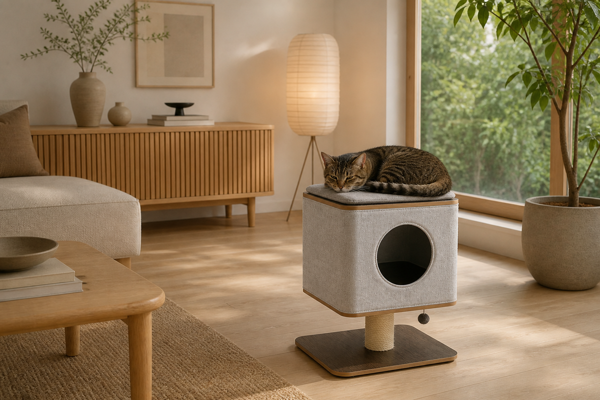 Elevated Cat Cabin in an alternate warm modern room setting