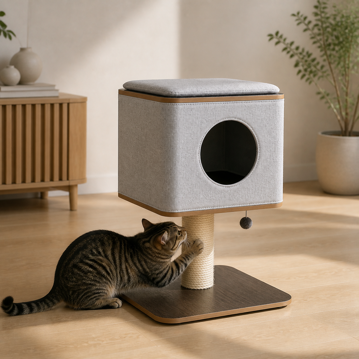 Cat scratching the short natural sisal post beneath the elevated cabin
