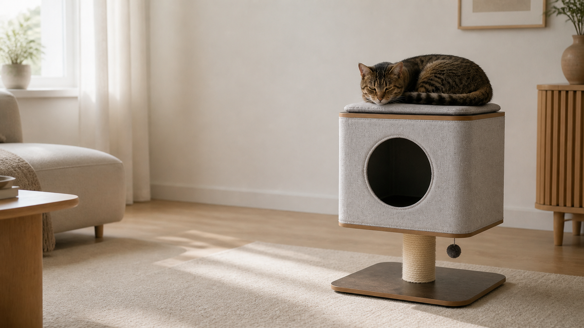 Elevated Cat Cabin in a calm living room with a cat resting on the removable top cushion