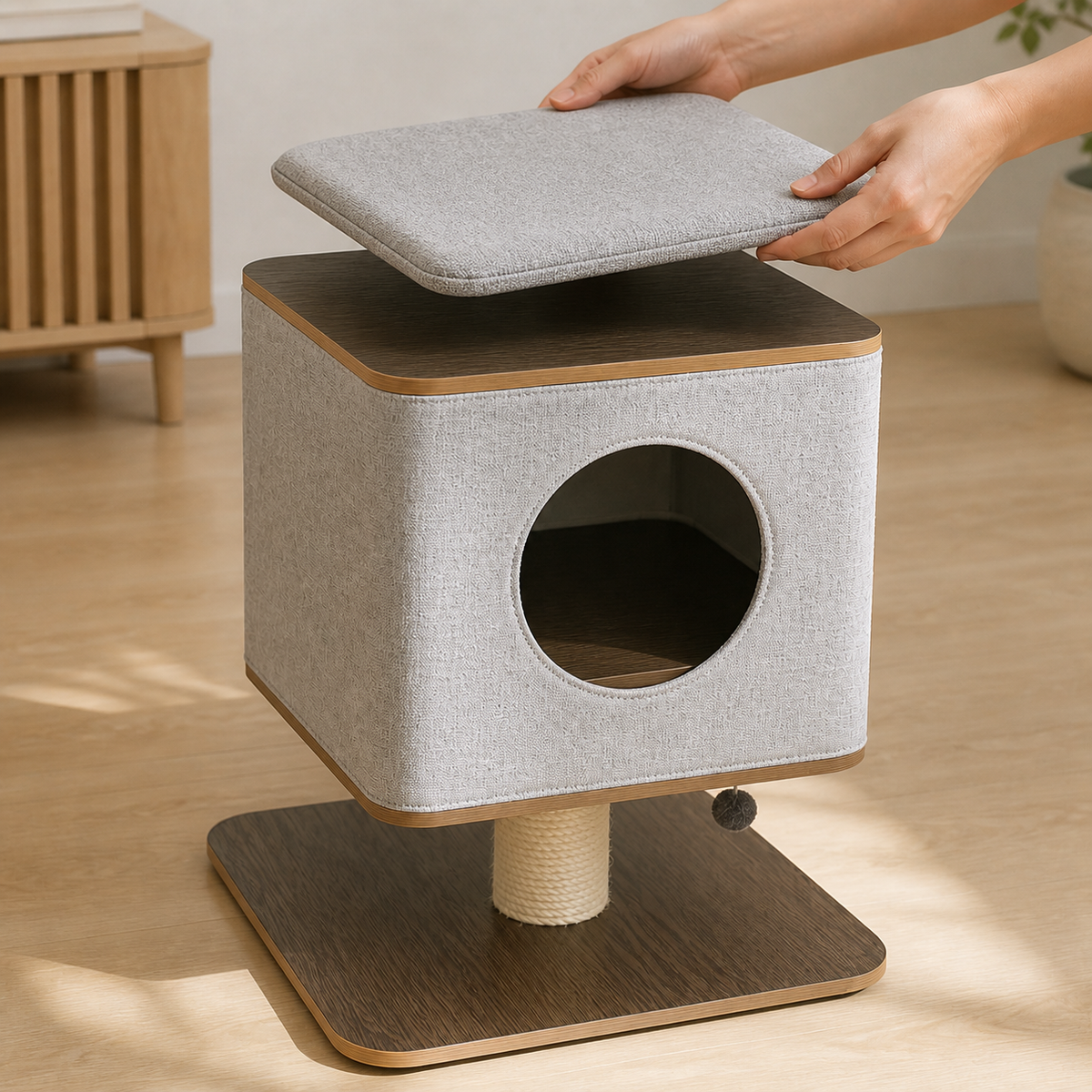 Hands lifting the removable light gray top cushion for cleaning