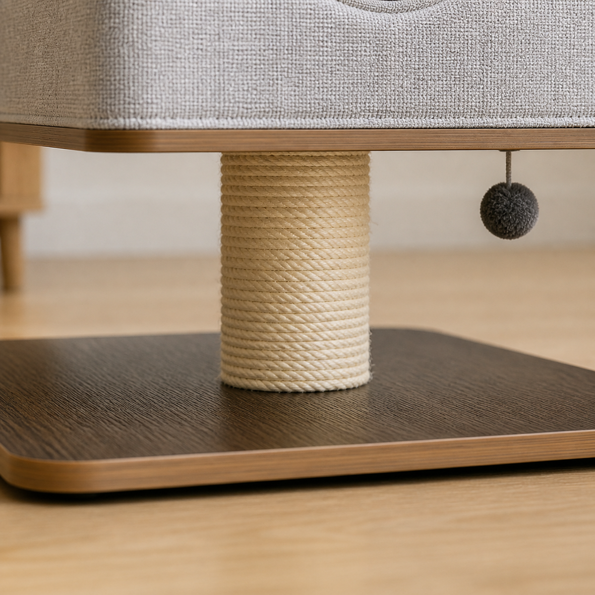 Close view of the natural sisal wrapped center post and base connection