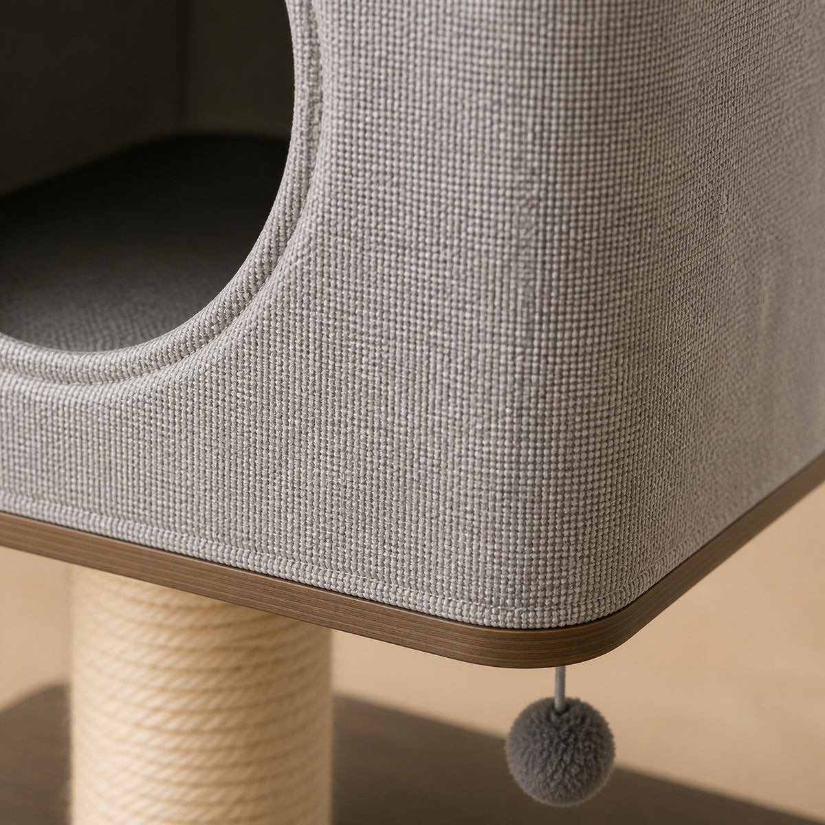 Macro detail of the light gray woven upholstered cabin shell