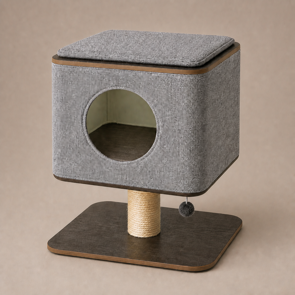 Elevated Cat Cabin on a neutral warm mushroom taupe studio background