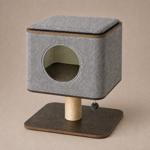 Elevated Cat Cabin on a neutral warm mushroom taupe studio background