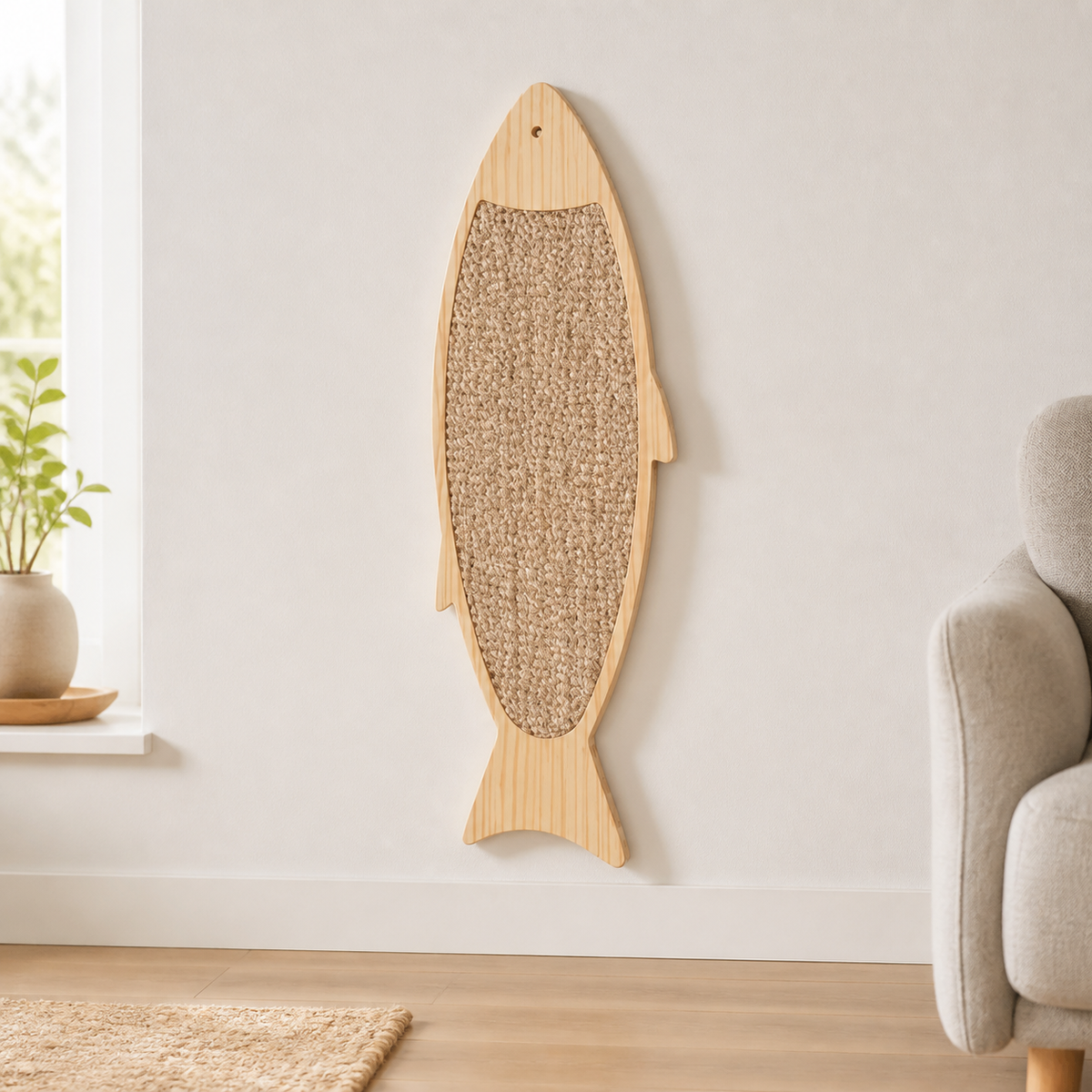 Fish Wall Scratcher styled for everyday use in a warm modern home in use