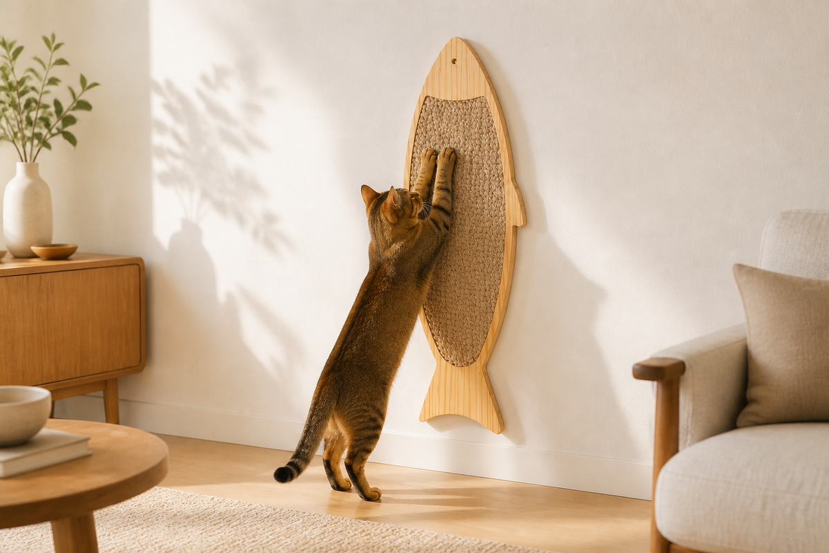 Cat reaching up to scratch the vertical Fish Wall Scratcher