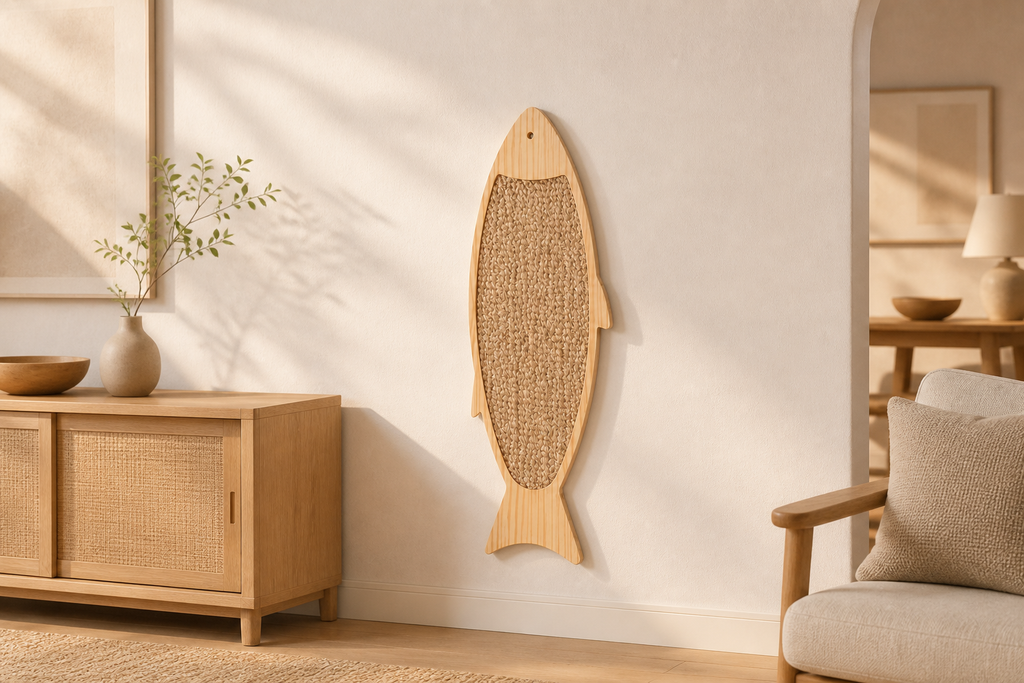 Fish Wall Scratcher placed in a warm modern living room