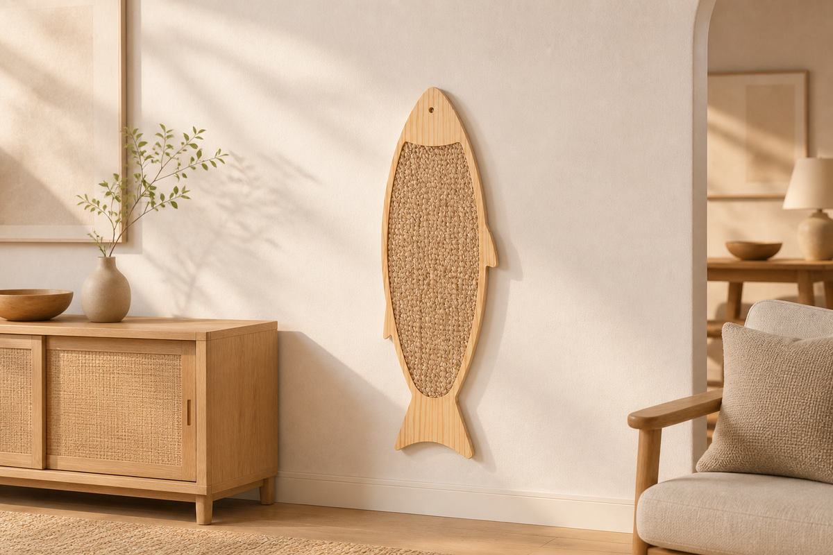 Fish Wall Scratcher placed in a warm modern living room