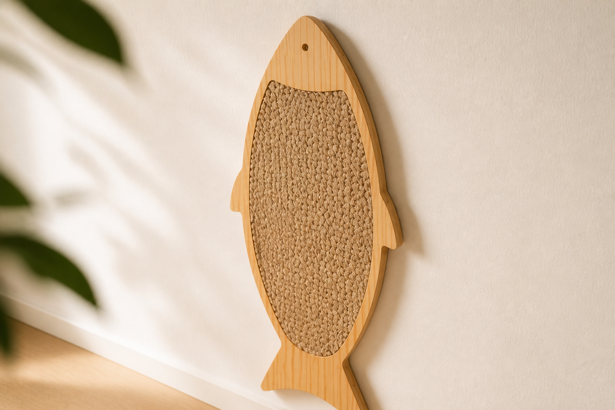 Close view of the fish-shaped wood frame and vertical woven scratching surface