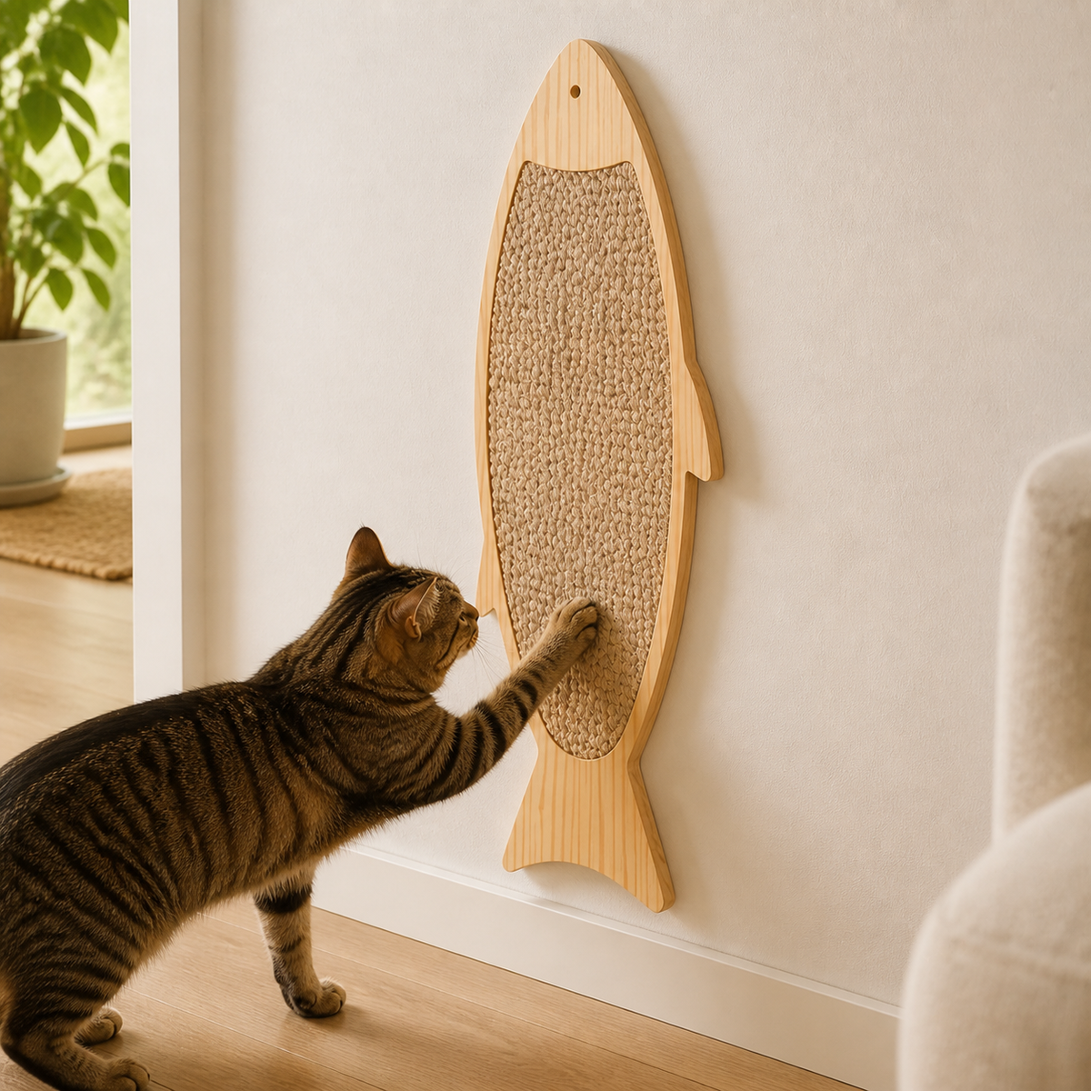 Cat approaching the fish-shaped no-drill Fish Wall Scratcher