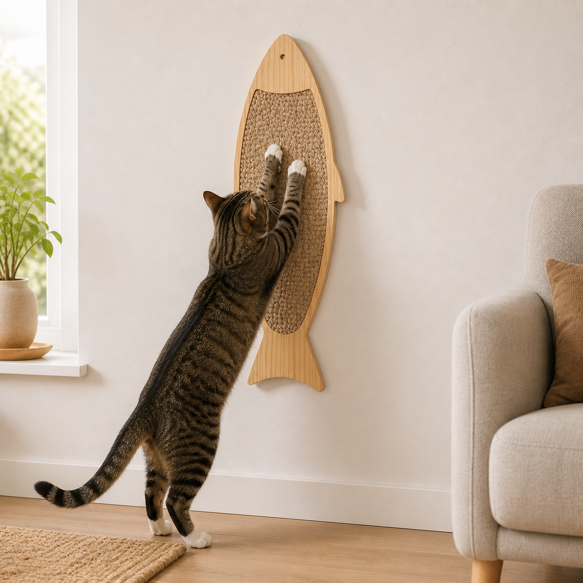 Cat stretching vertically on the Fish Wall Scratcher surface