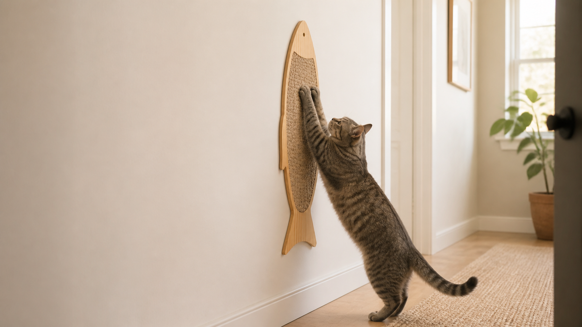 Fish Wall Scratcher displayed at cat height in a warm shared living room