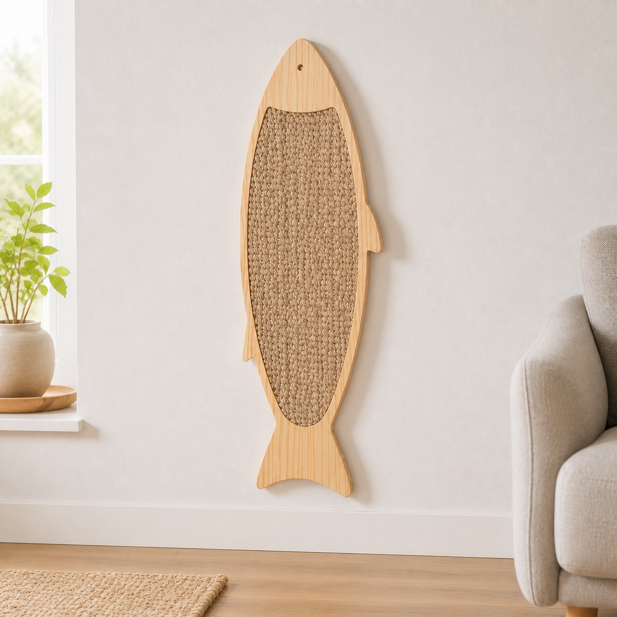 Close view of the Fish Wall Scratcher fish-shaped wood frame