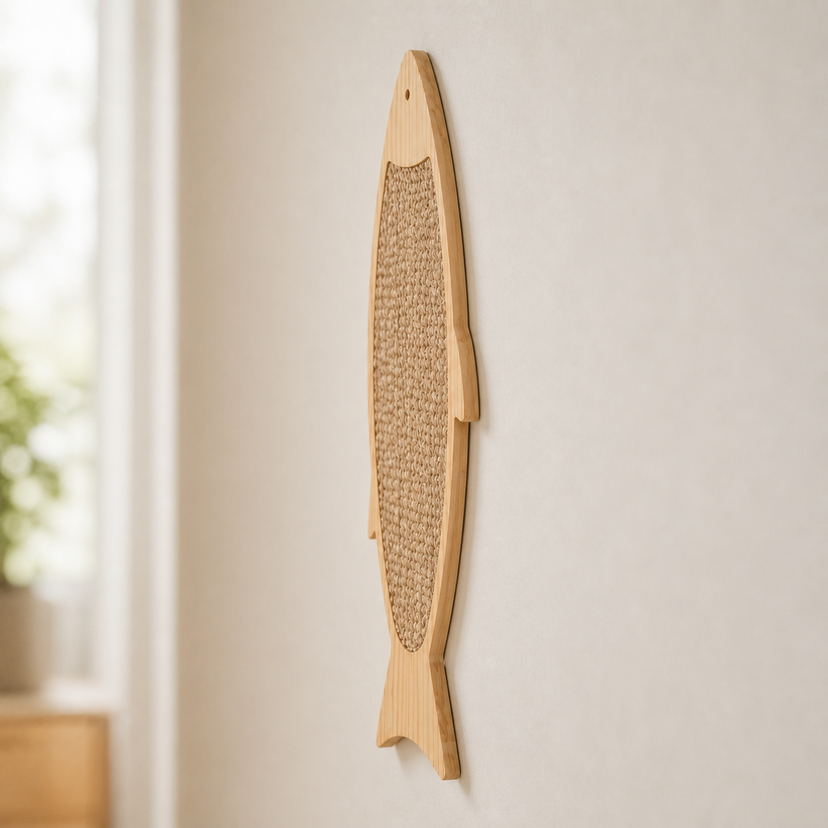 Edge detail of the Fish Wall Scratcher finished wood surface