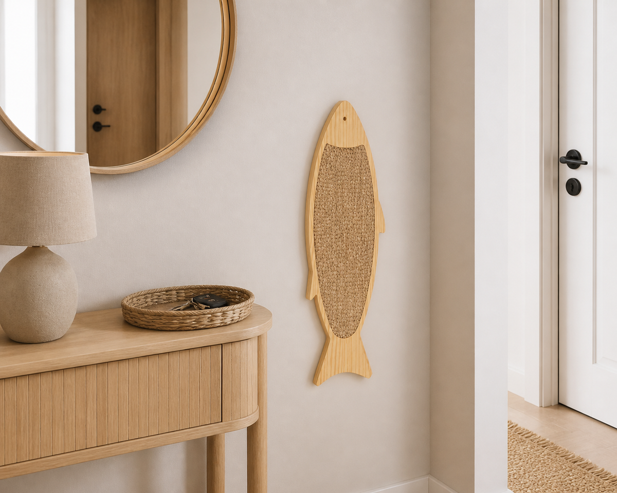 Fish Wall Scratcher placed on a living room wall without floor clutter