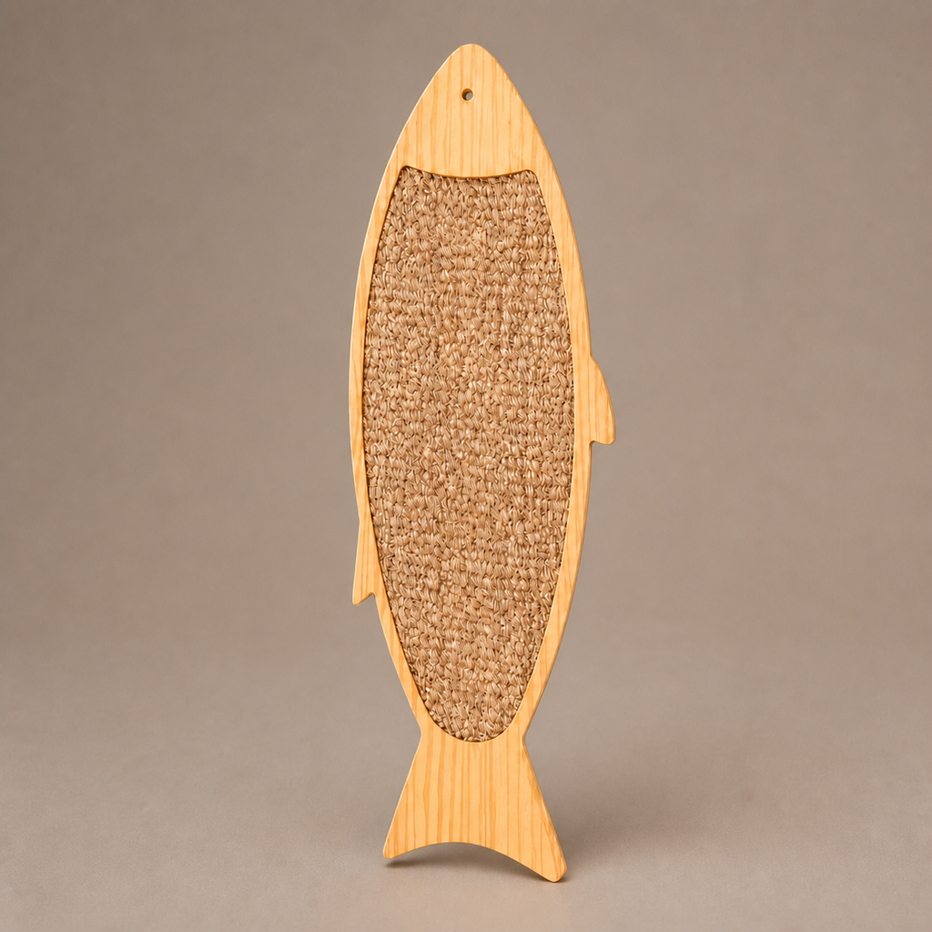 Fish Wall Scratcher on a neutral warm mushroom taupe studio background