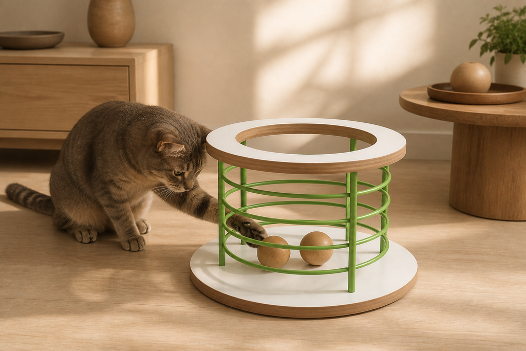Cat pawing the tactile balls inside the compact Green Ball Pool